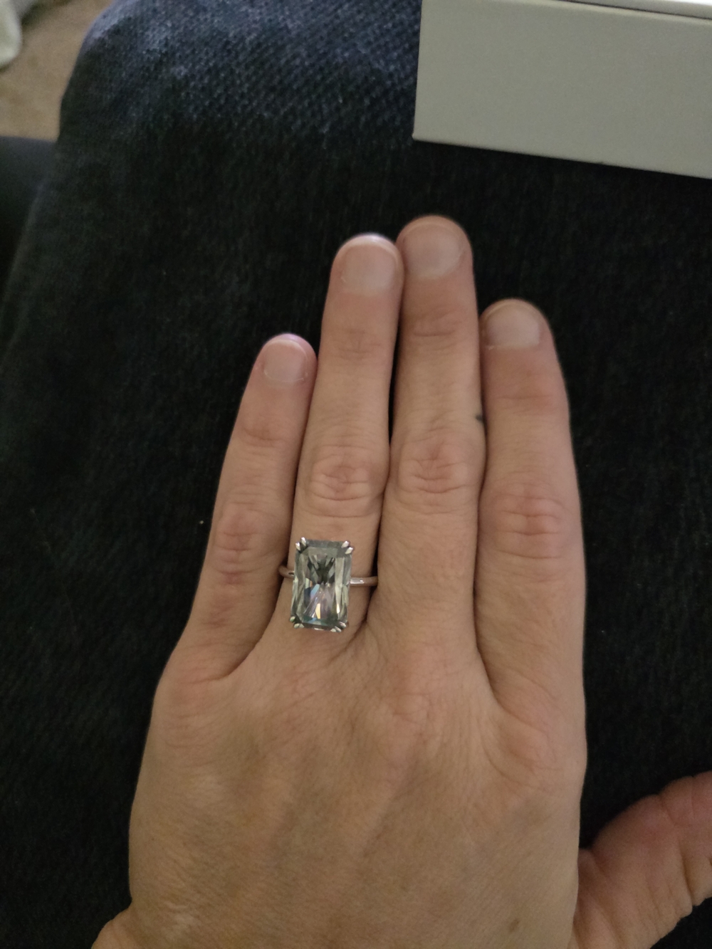9 Carat Grey Moissanite Emerald-cut & Sterling Silver Ring-size 8 - Picture 2 of 12